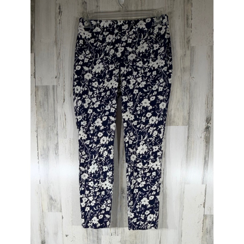Talbots Chatham Ankle Pant‎ Size 8 (30x27.5) Navy Blue White Floral Slim Leg